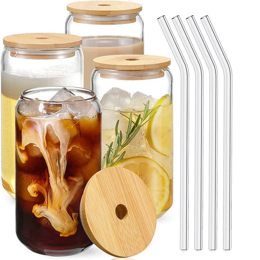 Glass Cups with Bamboo Lids and Glass Straws 500ml